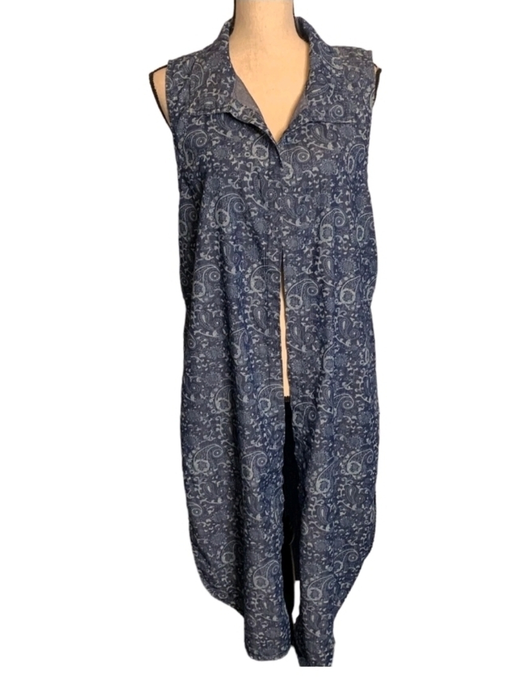 Vintage Women Duster Blue Paisley Sleeveless Lightweight Open Front Boho Lagenlo